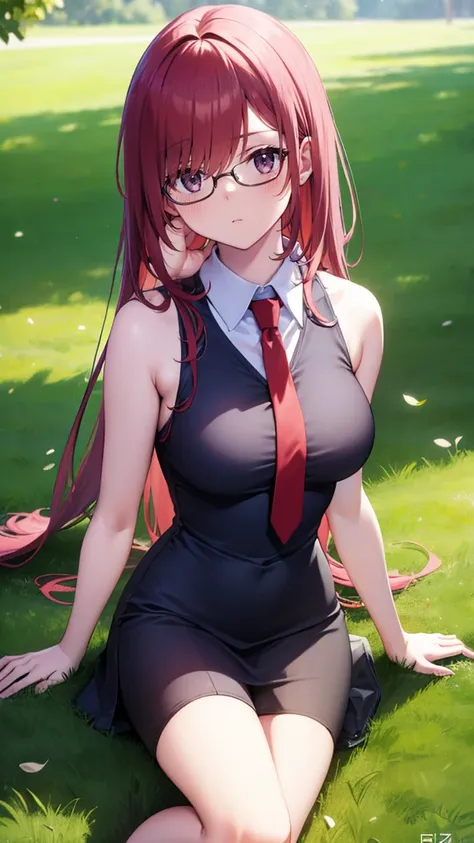 mashkyrielight, mash kyrielight, glasses, hair between eyes, hair over one eye, (purple eyes:1.1), red hair, long hair, big brea...