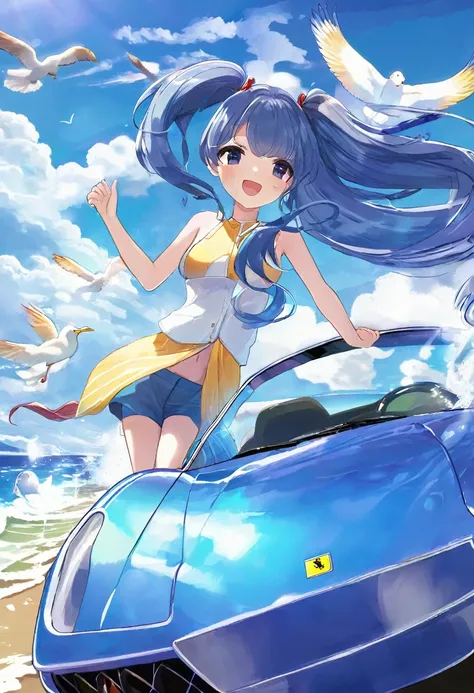 drive a ferrari along the beach、blue long hair、beautiful girl with twin tails、bigger in the center、splash art that makes you fee...