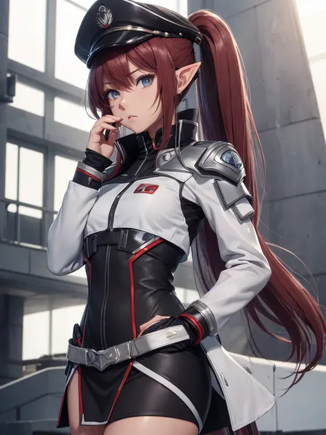 masterpiece, best quality, 8k, (highly detailed 3D rendering of a character named Ulc from SEGAs PSO2), elf-like female with pointed ears, (small gray womans Garrison cap), (long straight dark red hair), (gray futuristic military-style uniform, including a...