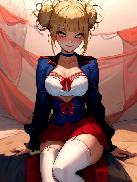 (girl1),(alone:1.5),**himiko toga** is a young woman of medium height with light blonde hair, tied into two messy buns. his eyes...