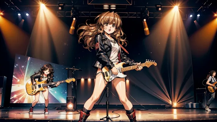 a young girl playing a guitar. she has medium-length, wavy hair and is dressed in a rock-style outfit with a leather jacket. the...