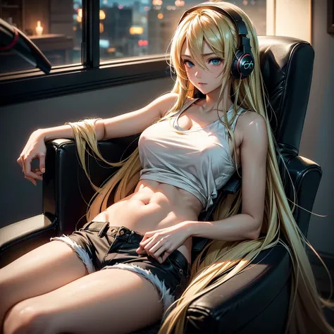 Create an image of a beautiful, erotic anime girl with long blonde hair, showing her stomach, relaxing in a cozy lounge. She is wearing a cutoff shirt and shorts, with headphones on, enjoying her music while sitting in her gaming chair. The lounge has warm...