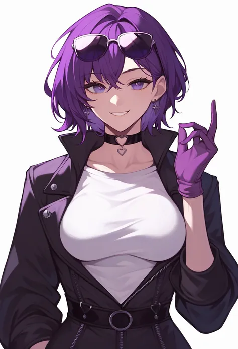 Kafka, 1girl, simple background, purple gloves, looking at viewer, sunglasses, choker, tinted eyewear, hand up, bangs, long sleeves, smile, closed mouth, purple eyes, white background, jacket, breasts, purple hair, eyewear on head, medium hair, white shirt...