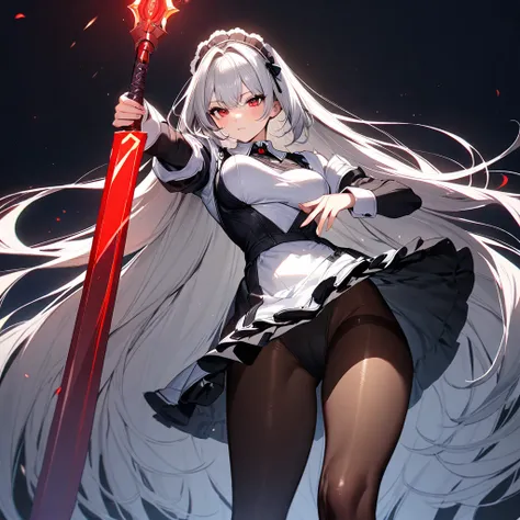 (masterpiece),(Highest quality),(Super detailed),(Best illustrations),(so beautiful), so beautiful長い脚,Silver Hair, Red eyes, Very long hair, pantyhose, Maid, headdress, apron, mini skirt, holding weapon, huge sword, duel, powerful