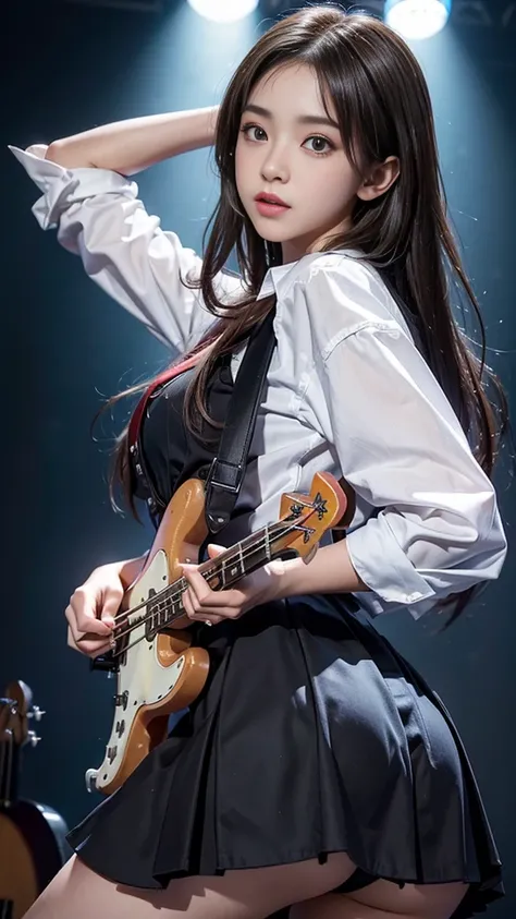 ((A girl playing the bass at a live show))、(15 year old beautiful girl、high school girl、Baby Face:1.3)、Idol、Beautiful breasts、Small beautiful butt、Brunette messy brown hair、Complex 4-string bass:1.2、Anatomically correct fingers、((Details Fender Precision B...