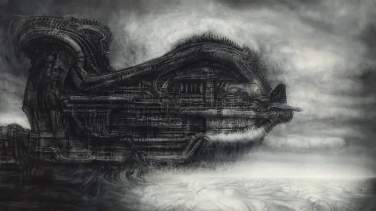 the image is a detailed view of h.r. giger's biomechanical tableau \" landscape xvi \" plate, featuring.
(airbrush painting, gig...