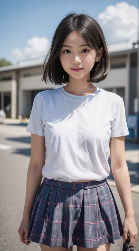 (8k),(masterpiece),(Japanese),(8-year-old girl),((Innocent look)),((Childish)),from the front,smile,cute,Innocent,Kind eyes,Plain T-shirt,Short sleeve,Blue checked short skirt,,Straight Hair,Hair blowing in the wind,Black Hair,Somewhat strong wind,noon,bri...