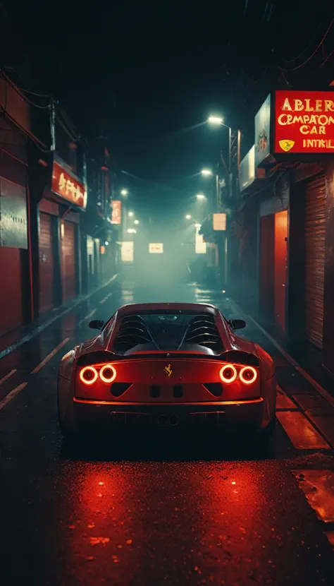 (intrincated details:1.5), (photorealistic), (masterpiece), (photography),  cinematic lighting, (hyperrealistic:1.2), 8K, 300mm
vehicle focus, cyberpunk Ferrari 80s car, cyberpunk alley, ground vehicle, motor vehicle, , scenery, solo, night time, wide tyre...