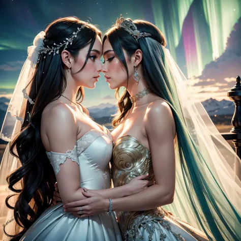 (masterpiece, highest quality, official art, beauty and aesthetic), two stunning bride is deeply in love with each other, kiss, aurora