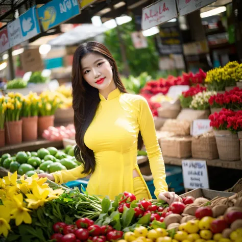 ((red ao dai with yellow patterns, big breasts, beautiful breasts, located at the market, 8k quality photo with good details))