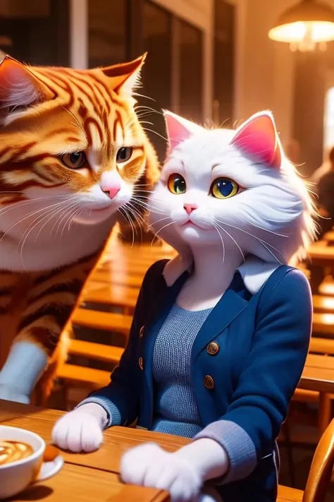 In a bustling cat café, two feline characters, Mia and Whiskers, are seated at opposite tables. Mia, a young and vibrant she-cat, is engrossed in her book, while Whiskers, a charming tomcat with white fur, discreetly steals glances in her direction. The ca...