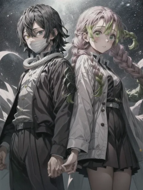 masterpiece, best quality, extremely detailed CG unity 8k wallpaper,1girl mitsuri, The illustration depicts two Demon Slayer: Kimetsu no Yaiba characters. 1girl A girl wearing a pleated skirt and a white haori over her . and 1boy obanai,  A boy wearing a u...