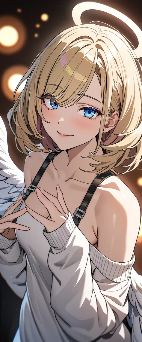 ((angel, big big white wings:1.3, halo:1.3)), (((cowboy shot))), ((flying)), archangel Uriel, ((wavy hair, outward curled hair)), evening, Sunset, ((blond hair, bob cut:1.3)), breasts, teenager, (looking at viewer), oversized clothes, puffy long sleeves, c...