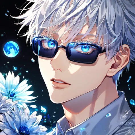 absurdres, highres, ultra detailed, HDR, master piece, Gojou Satoru, white hair with bangs, expressive blue eyes, white eyelashes, light blue dress shirt, black rectangular sunglasses, Jujutsu Kaisen, sexy man, handsome, best quality, blue moon, flowers, f...