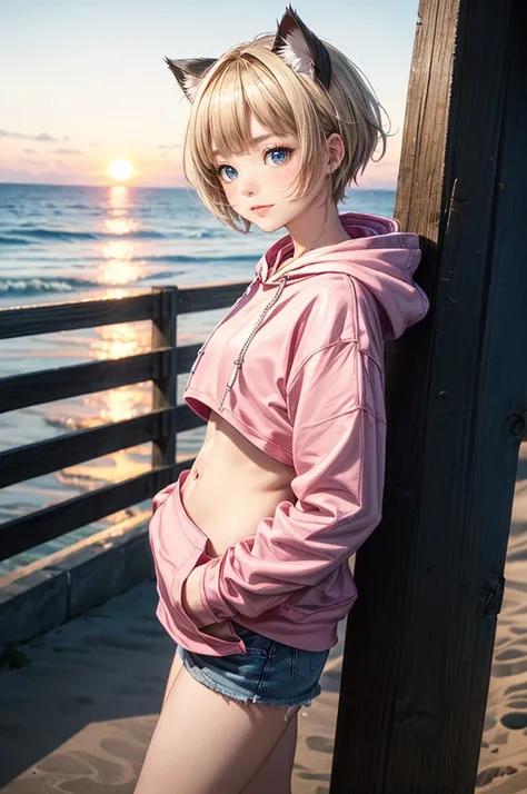 Cat ear、Absurd, Ultra-detailed,Bright colors,(solo),(From the side:1.2),(View your viewers:1.5) (Short blonde hair:1.2),Shiny Hair,(Pink hoodie:1.5),(Black sneakers),Denim shorts,Delicate and beautiful face, blush、(Deep blue eyes:1.4), White skin, (A wistf...