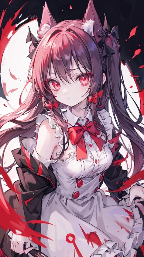 Anime girl with blood in her eyes and a bow tie, gapmoe Yandere, gapmoe Yandere grimdark, With eyes that glow red, Yandere, Red eyes glow, My eyes are completely red, Devil Anime Girl, portrait gapmoe Yandere grimdark, My eyes are completely red no pupils,...