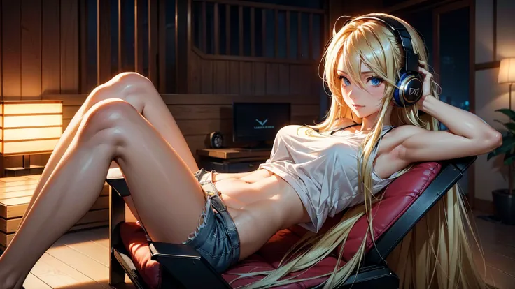 Create an image of a beautiful, erotic anime girl with long blonde hair, and happy eyes, showing her stomach, relaxing in a cozy lounge. She is wearing a cutoff shirt and shorts, with headphones on, enjoying her music while sitting in her gaming chair. The...