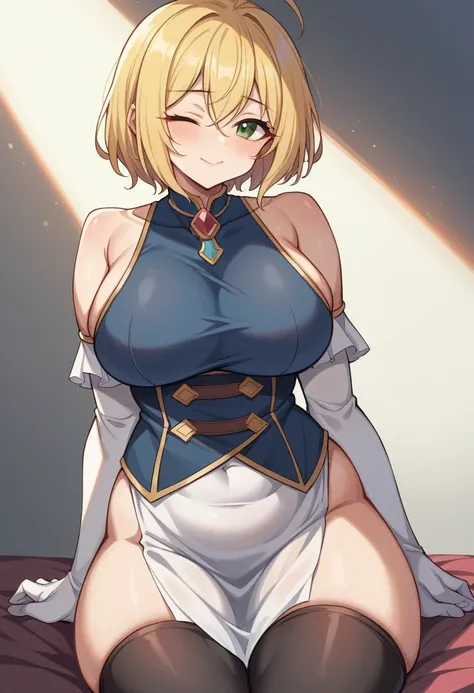 （One girl）、(short hair)、(sidelock)、((Blonde))、Princess Connect、((boyish))、huge breasts、((plump))、(beautiful girl)、[Big thighs]、Green Eyes、(Healer)、Black Vest、black leggings、White sleeveless、[hairs between eyes]、(long gloves)、closed mouth、wink、((see-through...