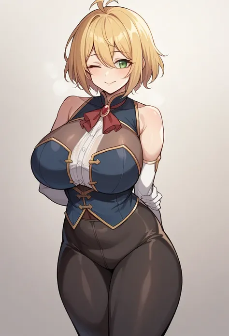 （One girl）、(short hair)、(sidelock)、((Blonde))、Princess Connect、((boyish))、huge breasts、((plump))、(beautiful girl)、[Big thighs]、Green Eyes、(Healer)、Black Vest、black leggings、White sleeveless、[hairs between eyes]、(long gloves)、closed mouth、wink、((see-through...