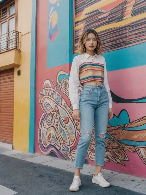 her name is Asako, high quality, 1girl, ((20-year-old fit Caucasian woman)), ((20 years old)), ((slim)), ((Wavy Bob)), pose: standing, wearing stylish fashionable Generation-Z modern wear different colored, BACKGROUND: In the colorful Caminito Street in La...