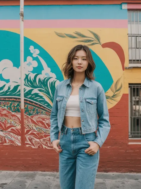 her name is Asako, high quality, 1girl, ((20-year-old fit Caucasian woman)), ((20 years old)), ((slim)), ((Wavy Bob)), pose: standing, wearing stylish fashionable Generation-Z modern wear different colored, BACKGROUND: In the colorful Caminito Street in La...