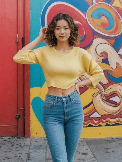 her name is Asako, high quality, 1girl, ((20-year-old fit Caucasian woman)), ((20 years old)), ((slim)), ((Wavy Bob)), pose: standing, wearing stylish fashionable Generation-Z modern wear different colored, BACKGROUND: In the colorful Caminito Street in La...