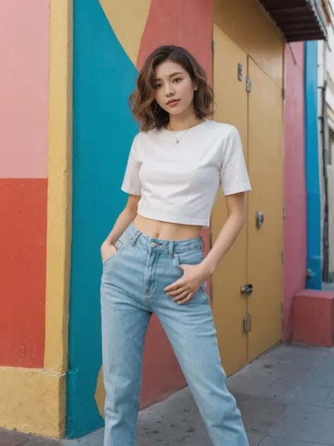 her name is Asako, high quality, 1girl, ((20-year-old fit Caucasian woman)), ((20 years old)), ((slim)), ((Wavy Bob)), pose: standing, wearing stylish fashionable Generation-Z modern wear different colored, BACKGROUND: In the colorful Caminito Street in La...