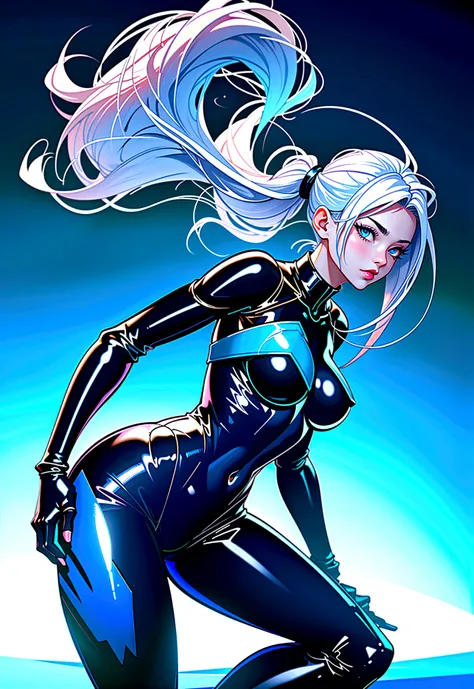 Full body cyber girl with ponytail. Beautiful Face. Big Breasts、Big Butt、Catsuit-like clothing. She has bright blue eyes. The environment is like a Terminator. Hair is platinum. One side of her face is lit up in a bright blue light. As if guided.  There ar...