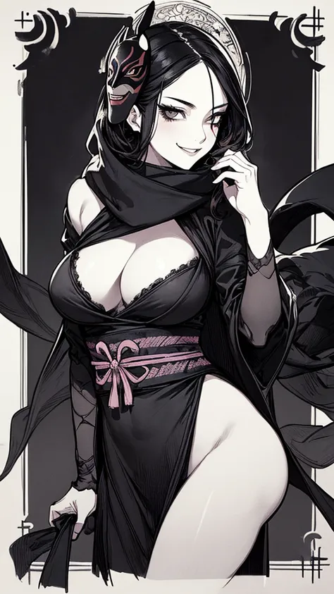 Top quality, (background detail), high contrast, one very beautiful woman, detailed original illustration, functional, delicate face, ninja, ninja costume, scarf, mask, attractive, bad girl, sexy, real breasts, crazy smile, crazy eyes, black robe, black ba...