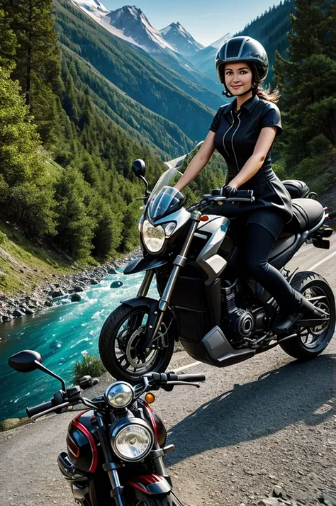 3D Cartoon of Man with Tie and Helmet, woman with dress and helmet, traveling by motorcycle, mountain road and rivers