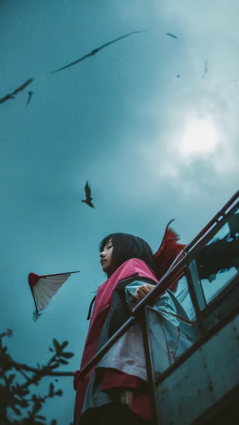 ((crane))、bird、Rainy Sky、1girl,from below