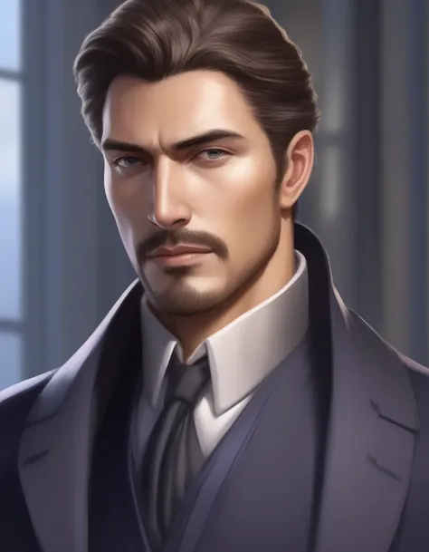 1man, mature male, parted bangs, medium-short hair, brown hair, muscular male celeb, short goatee, short mustache, indigo eyes, gentleman, elegant netori male, BREAK solo, white collared shirt, gray trench coat, black neck ribbon, in gentle sasaki style, v...