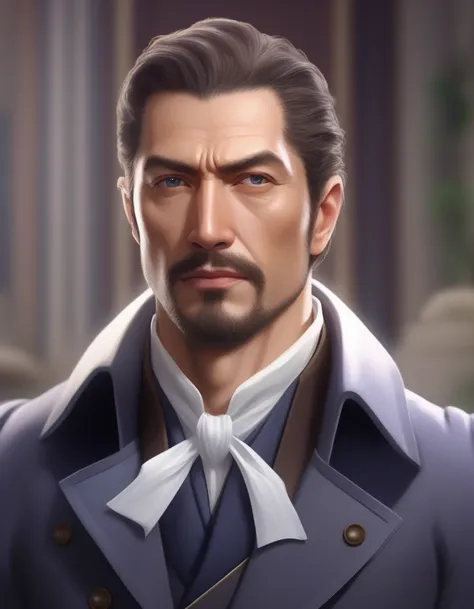 1man, mature male, parted bangs, medium-short hair, brown hair, muscular male celeb, short goatee, short mustache, indigo eyes, gentleman, elegant netori male, BREAK solo, white collared shirt, gray trench coat, black neck ribbon, in gentle sasaki style, v...