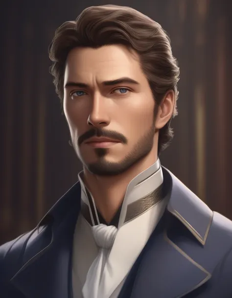 1man, mature male, parted bangs, medium-short hair, brown hair, muscular male celeb, short goatee, short mustache, indigo eyes, gentleman, elegant netori male, BREAK solo, white collared shirt, gray trench coat, black neck ribbon, in gentle sasaki style, v...