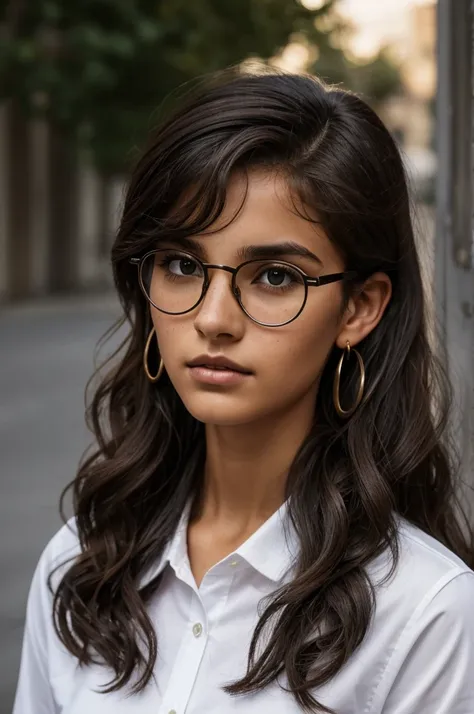  Slim teenager with  uniform long curly hair, dark colored. Lleva gafas de montura gruesa y dark colored, possibly black or dark brown. The face shape appears to be oval. Her lips are thick and well defined.. Besides, You can notice that he is wearing a sm...