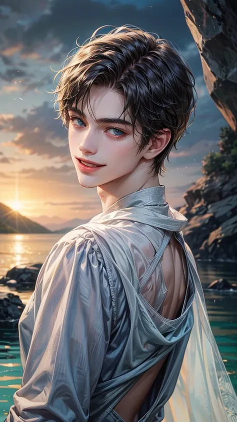 Portrait of the highest quality - 1 boy., 17 years, teenage, character from game of thrones, short hair, with golden strands, azure blue big eyes, lake, Solo-focal facial treatment for teenagers, naked top, black briefs, Beautiful, smiling, dynamic pose, d...