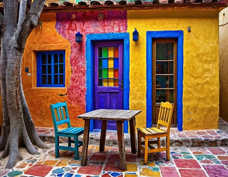 photography of a small rustic beach house with a table and chair in front of it, colorful house, colorful tiled architecture, cracks and infiltration stains on the walls, worn paint, wet sidewalk, tlaquepaque, by Hundertwasser, 2 4 mm iso 8 0 0 color, by M...