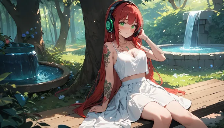 (Best Quality, Masterpiece, ultra high resolution, ultra detailed:1.2) Female gender Beautiful green eyes and melancholic expression Long red hair Light and freckled skin Wears a top with a bra shirt Wears a wedding-style skirt Wears white cloth shoes Sitt...