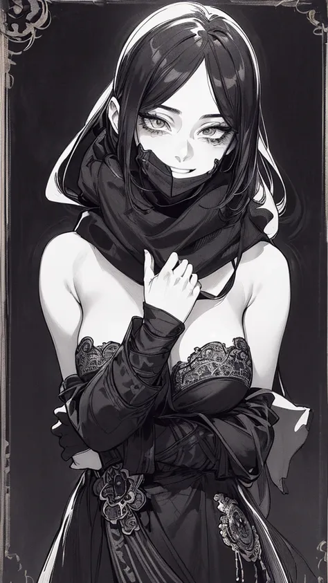 Top quality, (background detail), high contrast, one very beautiful woman, detailed original illustration, functional, delicate face, ninja, ninja costume, scarf, mask, attractive, bad girl, sexy, real breasts, crazy smile, crazy eyes, black robe, black ba...