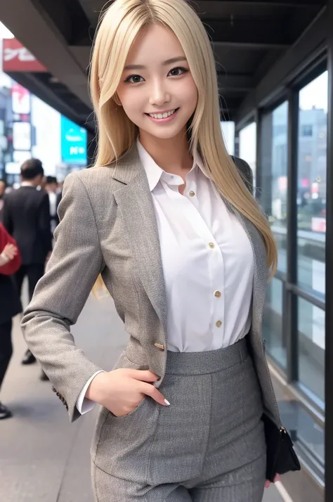 masterpiece, Best Quality,8K,4k,Natural blonde short Tightly fitting suit,beatiful girl,She is a businessman,27 years old,japanense girl,fcup bust,very nice lady,smile,teeth,full body,Background:shibuya tokyo,Business district