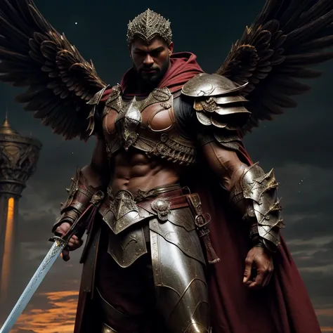 Majestic, Muscular, A noble, winged archangel, Has a long sword, (armor:1.4), With a sharp eye, Sharp Nose, And a dignified look, Floating in the starry sky, (Highest quality,8K,hyperRealistic,masterpiece:1.2),Super detailed,(Realistic,photoRealistic,photo...