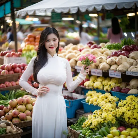 ((ao dai, big breasts, beautiful breasts, standing in the middle of the market with many people around, 8k quality photo with go...