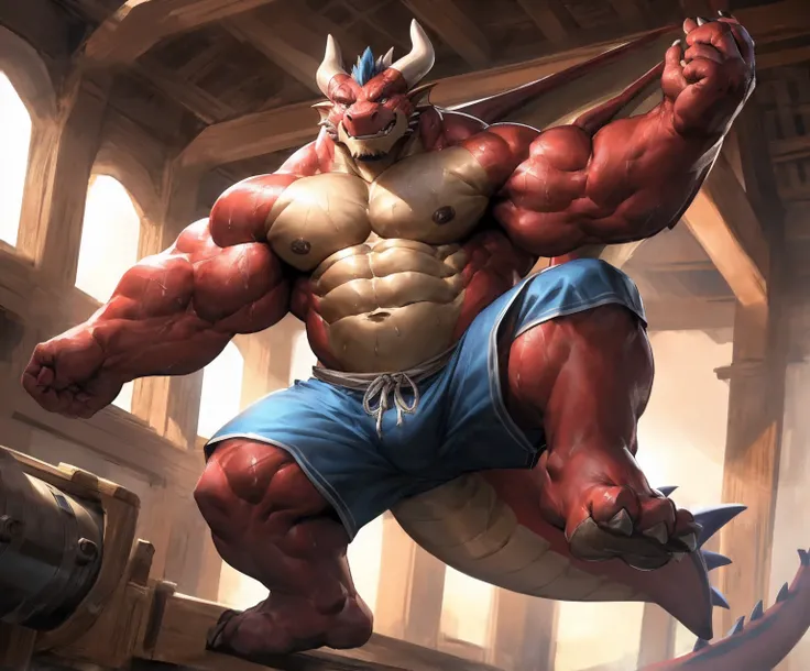 human nature, cannon, male, solitary, ((the strong，Handsome)), (dragon), Chibo，Six-pack abs，(indoor)，The soles of the feet face the audience，White socks，Blue shorts，Sweat:1.3，high quality, (4K,high quality, high resolution, masterpiece), cartoon,by lindong