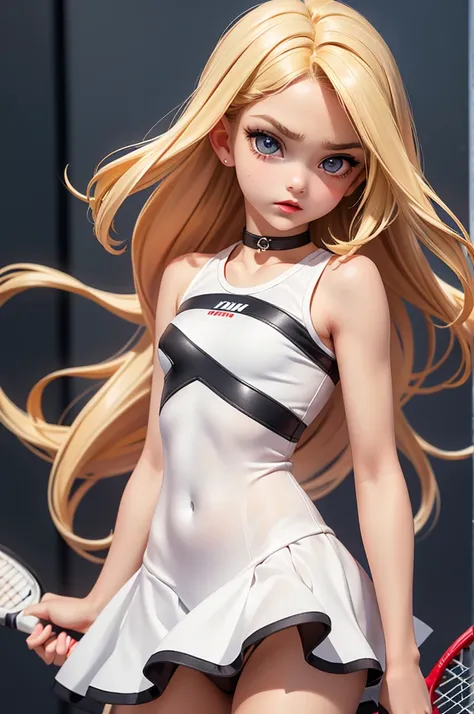 hyperrealistic 14 year old american teen, blonde, little, perfect tiny body, sexy, dark makeup, small choker, perfect slim face, big red lips, very cute face, tiny body, big eyes, young looking, childish looking, playing tennis