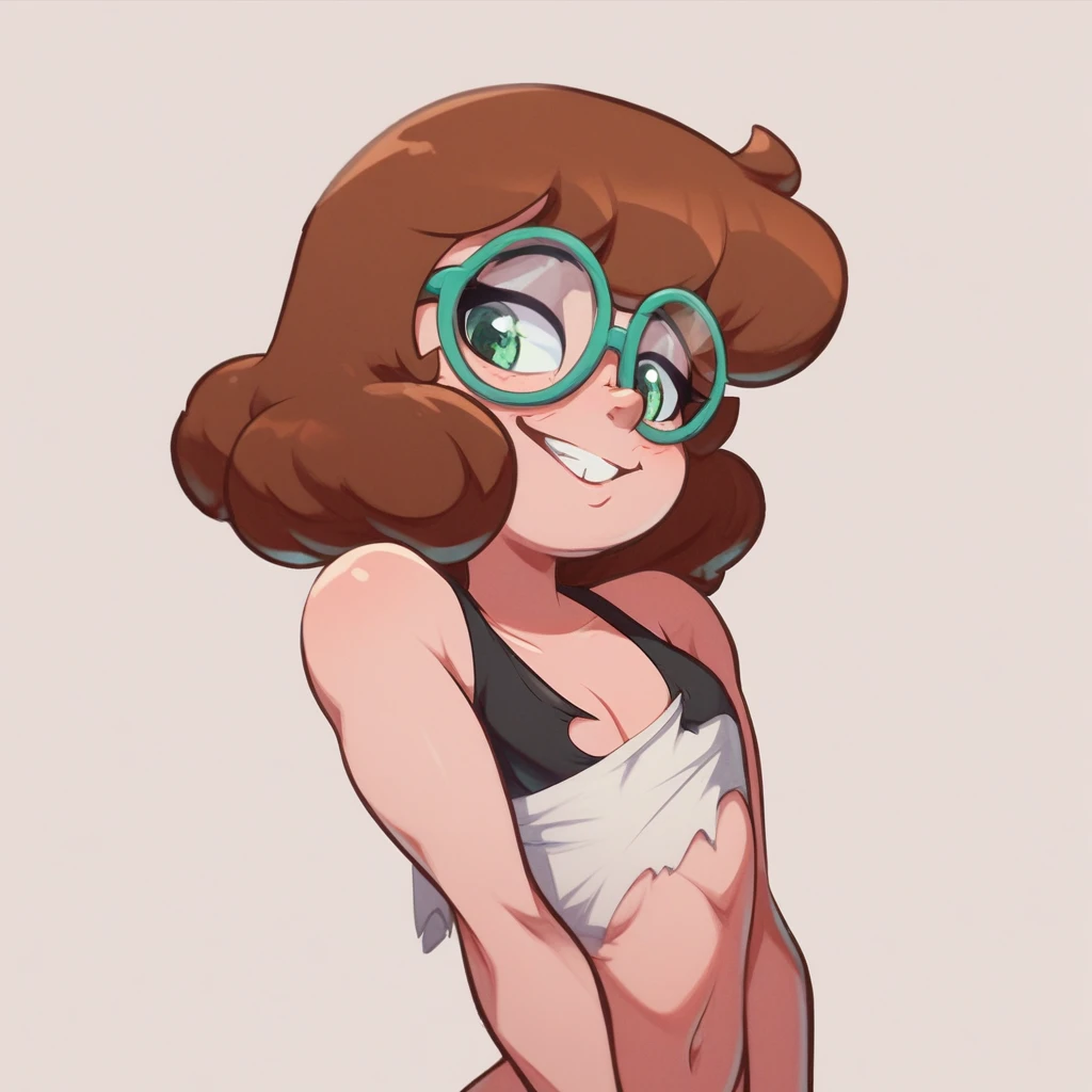 Ralph Bakshi Style, tall skinny brunette with medium length hair and glasses, nudity:1.5, (extreme nsfw):2.5, torn tanktop, (flatchested):1.5, lewd