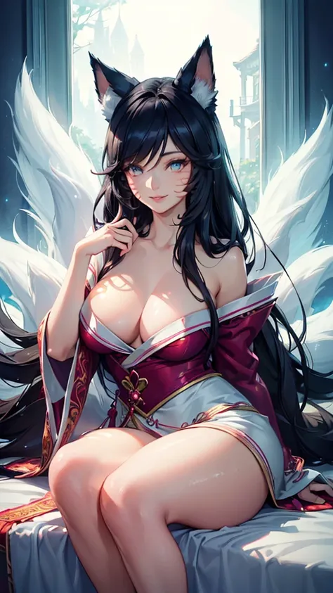 (best quality,ultra-detailed,realistic:1.37),Ahri,spa,luxurious,relaxing atmosphere,beautiful detailed eyes,beautiful detailed lips,smiling,bathrobe,sitting upright,black hair,nine white tails,peaceful background,portraits,vivid colors,soft lighting,tranqu...