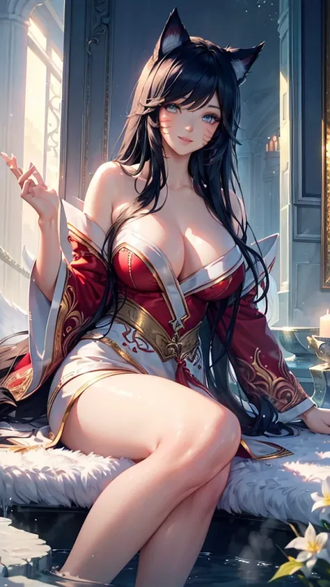 (best quality,ultra-detailed,realistic:1.37),Ahri,spa,luxurious,relaxing atmosphere,beautiful detailed eyes,beautiful detailed lips,smiling,bathrobe,sitting upright,black hair,nine white tails,peaceful background,portraits,vivid colors,soft lighting,tranqu...