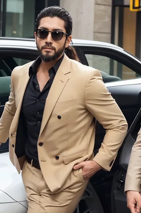 Handsome, rich, Japanese, wearing sunglasses, wearing a beige suit, driving a Porsche, has a beard
