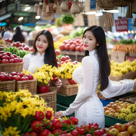 ((ao dai, big breasts, beautiful breasts, standing in the middle of the market with many people around, 8k quality photo with go...