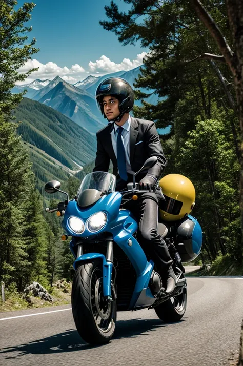 2D cartoon man driving motorcycle with tie and helmet, female copilot with dress and helmet, mountain road and rivers